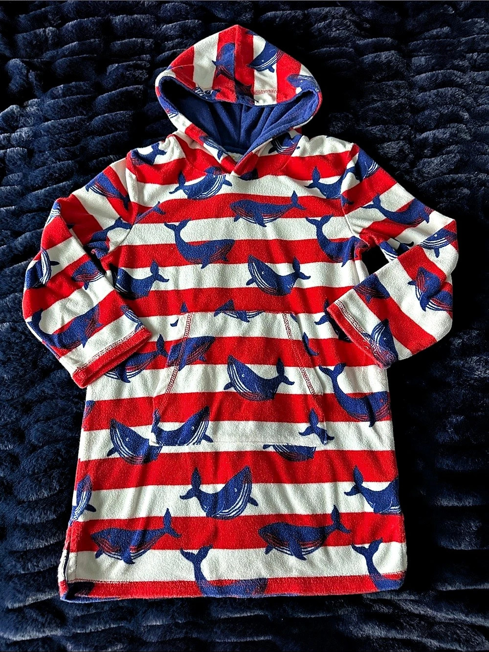 Mini Boden Whale Stripe Towelling Hoodie 7-8Y Like New